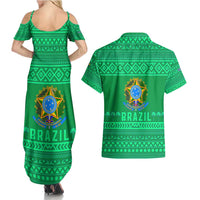 Brazil Christmas Couples Matching Summer Maxi Dress and Hawaiian Shirt with Santa Relaxing in Hammock Palm Trees Snowman and Tribal Pattern Design - Wonder Print Shop