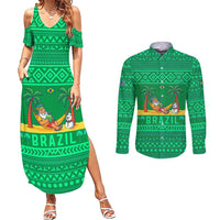 Brazil Christmas Couples Matching Summer Maxi Dress and Long Sleeve Button Shirt with Santa Relaxing in Hammock Palm Trees Snowman and Tribal Pattern Design - Wonder Print Shop