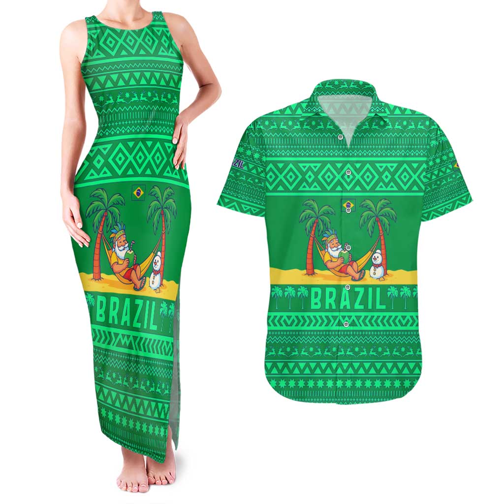 Brazil Christmas Couples Matching Tank Maxi Dress and Hawaiian Shirt with Santa Relaxing in Hammock Palm Trees Snowman and Tribal Pattern Design - Wonder Print Shop