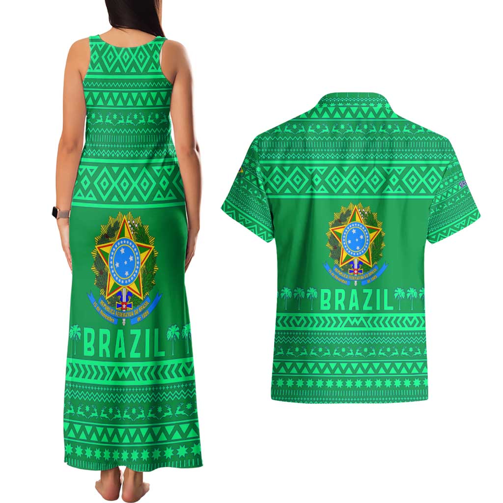 Brazil Christmas Couples Matching Tank Maxi Dress and Hawaiian Shirt with Santa Relaxing in Hammock Palm Trees Snowman and Tribal Pattern Design - Wonder Print Shop
