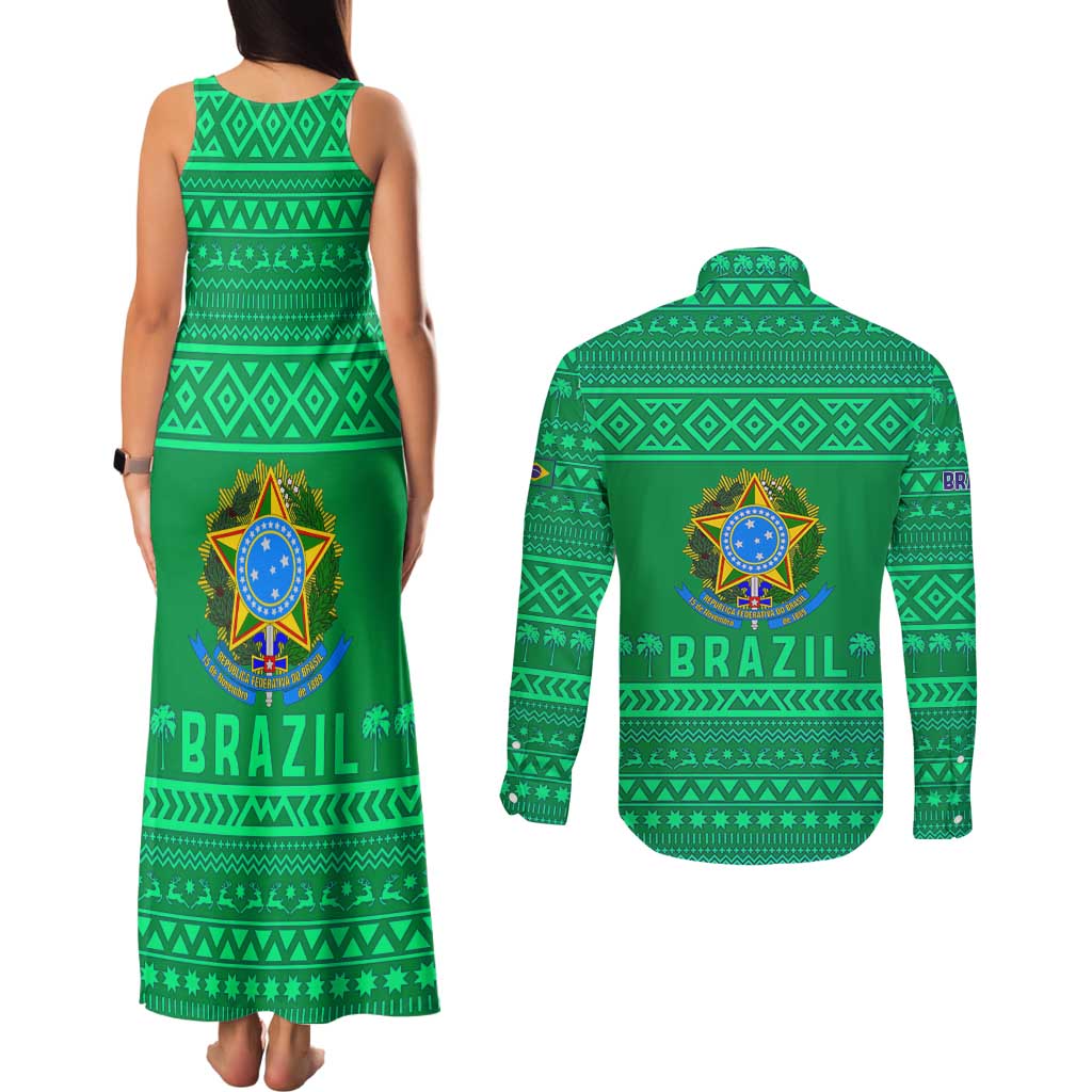 Brazil Christmas Couples Matching Tank Maxi Dress and Long Sleeve Button Shirt with Santa Relaxing in Hammock Palm Trees Snowman and Tribal Pattern Design - Wonder Print Shop