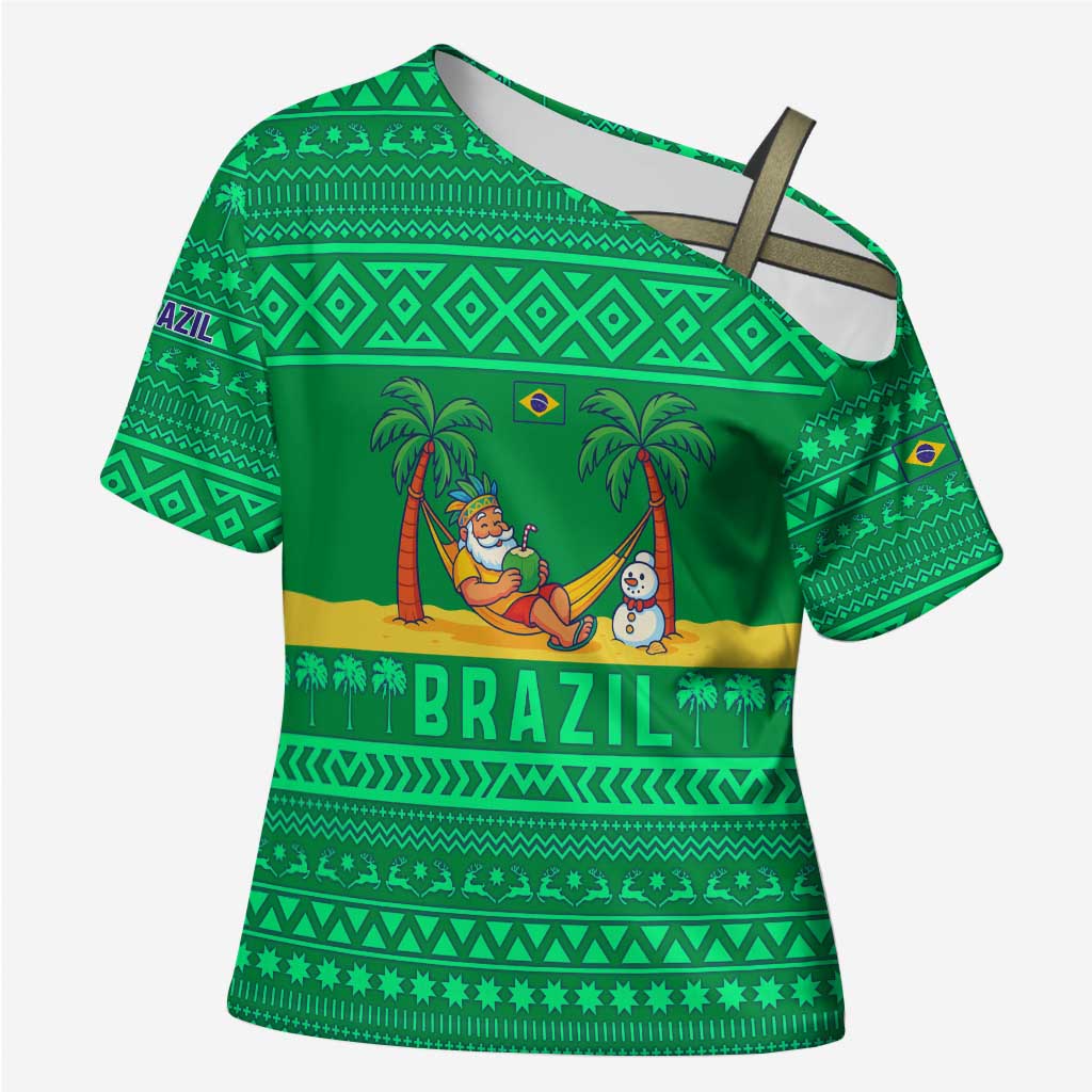 Brazil Christmas Cross Shoulder Shirt with Santa Relaxing in Hammock Palm Trees Snowman and Tribal Pattern Design - Wonder Print Shop