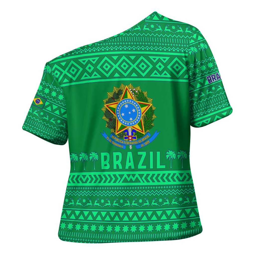 Brazil Christmas Cross Shoulder Shirt with Santa Relaxing in Hammock Palm Trees Snowman and Tribal Pattern Design - Wonder Print Shop