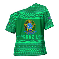 Brazil Christmas Cross Shoulder Shirt with Santa Relaxing in Hammock Palm Trees Snowman and Tribal Pattern Design - Wonder Print Shop
