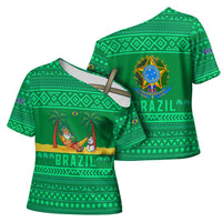Brazil Christmas Cross Shoulder Shirt with Santa Relaxing in Hammock Palm Trees Snowman and Tribal Pattern Design - Wonder Print Shop