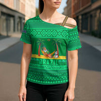 Brazil Christmas Cross Shoulder Shirt with Santa Relaxing in Hammock Palm Trees Snowman and Tribal Pattern Design - Wonder Print Shop