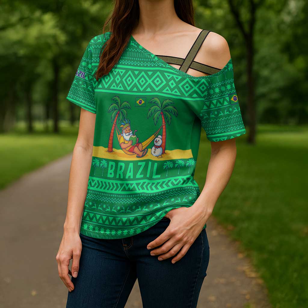 Brazil Christmas Cross Shoulder Shirt with Santa Relaxing in Hammock Palm Trees Snowman and Tribal Pattern Design - Wonder Print Shop