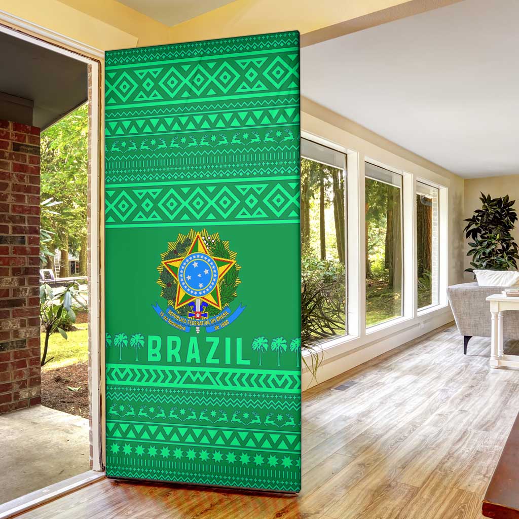 Brazil Christmas Door Cover with Santa Relaxing in Hammock Palm Trees Snowman and Tribal Pattern Design - Wonder Print Shop