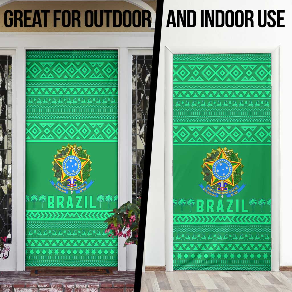 Brazil Christmas Door Cover with Santa Relaxing in Hammock Palm Trees Snowman and Tribal Pattern Design - Wonder Print Shop