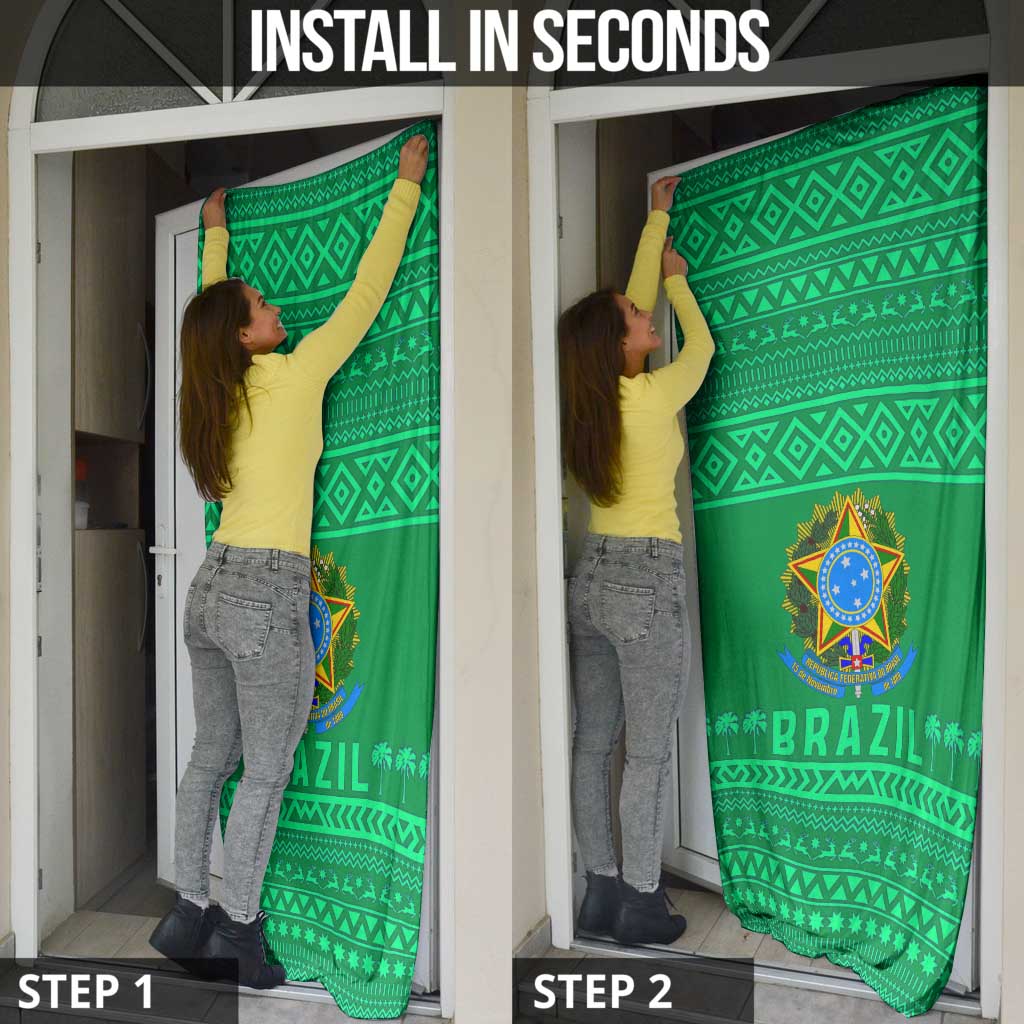 Brazil Christmas Door Cover with Santa Relaxing in Hammock Palm Trees Snowman and Tribal Pattern Design - Wonder Print Shop