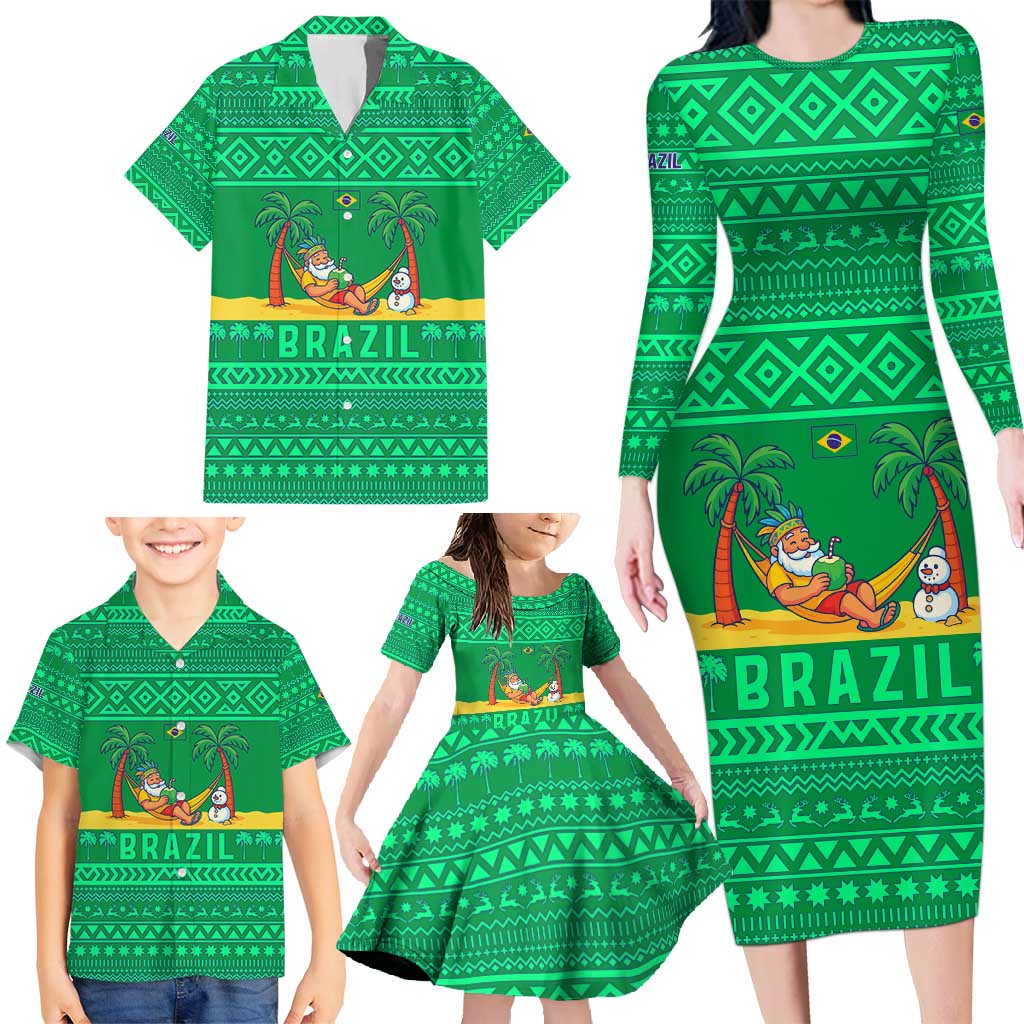 Brazil Christmas Family Matching Long Sleeve Bodycon Dress and Hawaiian Shirt with Santa Relaxing in Hammock Palm Trees Snowman and Tribal Pattern Design - Wonder Print Shop