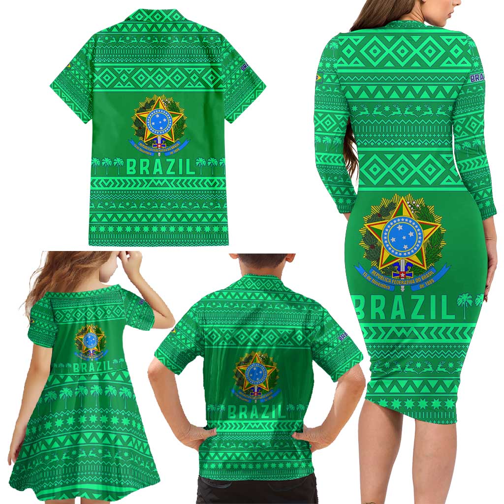 Brazil Christmas Family Matching Long Sleeve Bodycon Dress and Hawaiian Shirt with Santa Relaxing in Hammock Palm Trees Snowman and Tribal Pattern Design - Wonder Print Shop