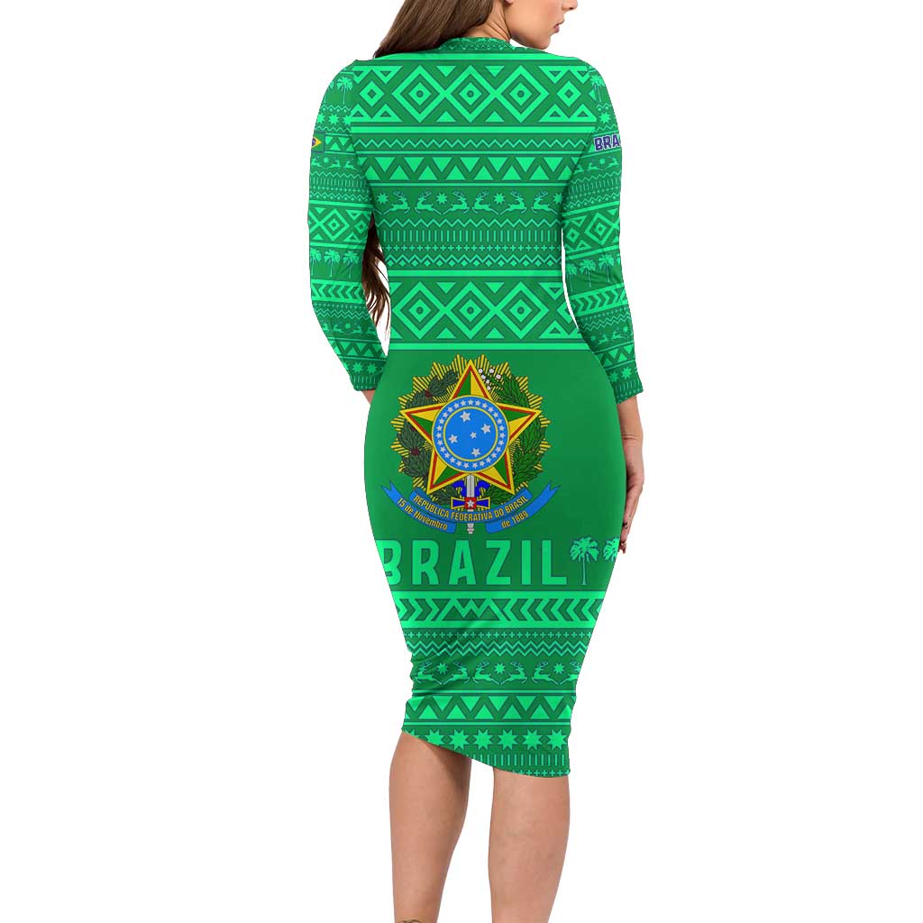 Brazil Christmas Family Matching Long Sleeve Bodycon Dress and Hawaiian Shirt with Santa Relaxing in Hammock Palm Trees Snowman and Tribal Pattern Design - Wonder Print Shop