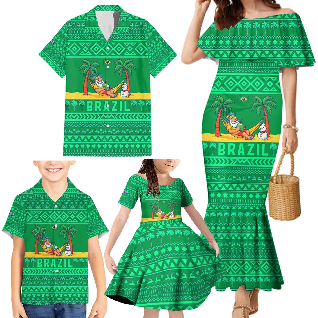 Brazil Christmas Family Matching Mermaid Dress and Hawaiian Shirt with Santa Relaxing in Hammock Palm Trees Snowman and Tribal Pattern Design - Wonder Print Shop