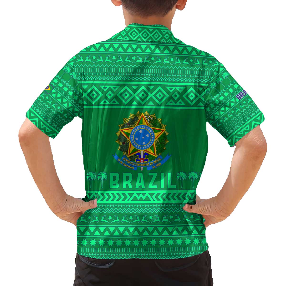 Brazil Christmas Family Matching Off The Shoulder Long Sleeve Dress and Hawaiian Shirt with Santa Relaxing in Hammock Palm Trees Snowman and Tribal Pattern Design - Wonder Print Shop