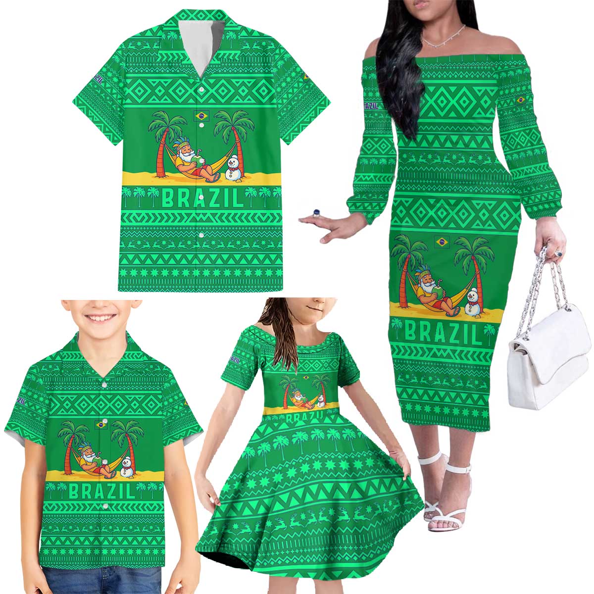 Brazil Christmas Family Matching Off The Shoulder Long Sleeve Dress and Hawaiian Shirt with Santa Relaxing in Hammock Palm Trees Snowman and Tribal Pattern Design - Wonder Print Shop