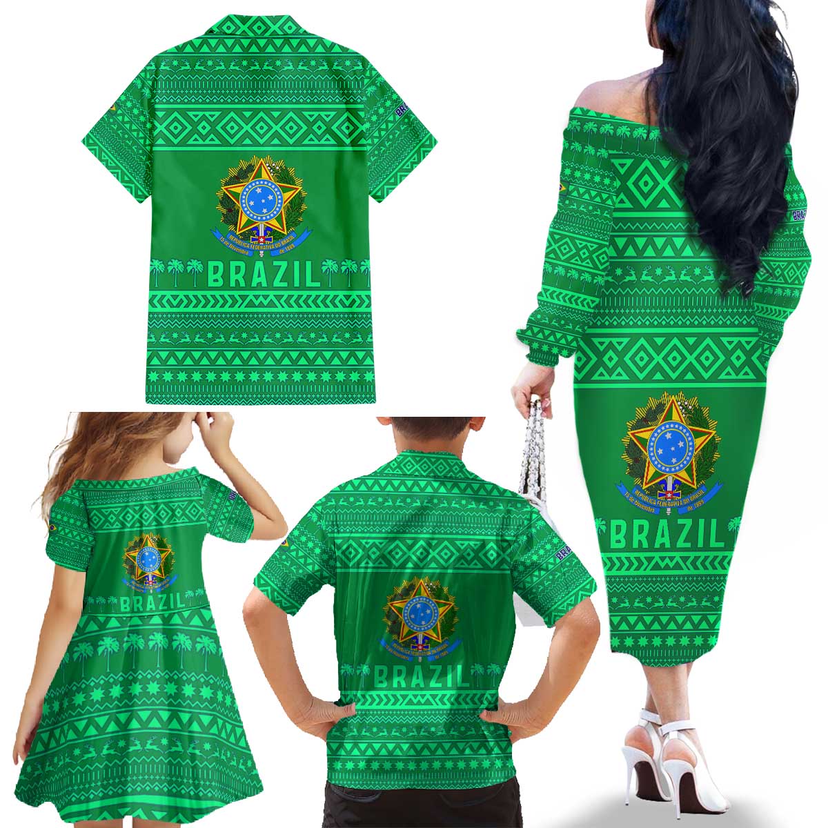 Brazil Christmas Family Matching Off The Shoulder Long Sleeve Dress and Hawaiian Shirt with Santa Relaxing in Hammock Palm Trees Snowman and Tribal Pattern Design - Wonder Print Shop