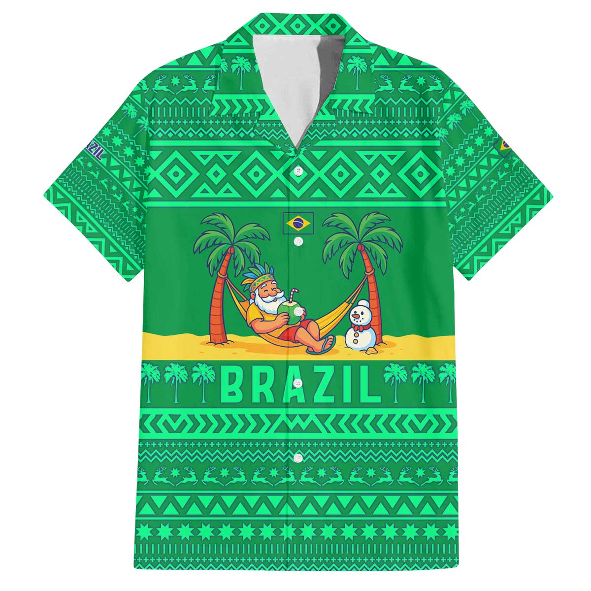 Brazil Christmas Family Matching Off The Shoulder Long Sleeve Dress and Hawaiian Shirt with Santa Relaxing in Hammock Palm Trees Snowman and Tribal Pattern Design - Wonder Print Shop
