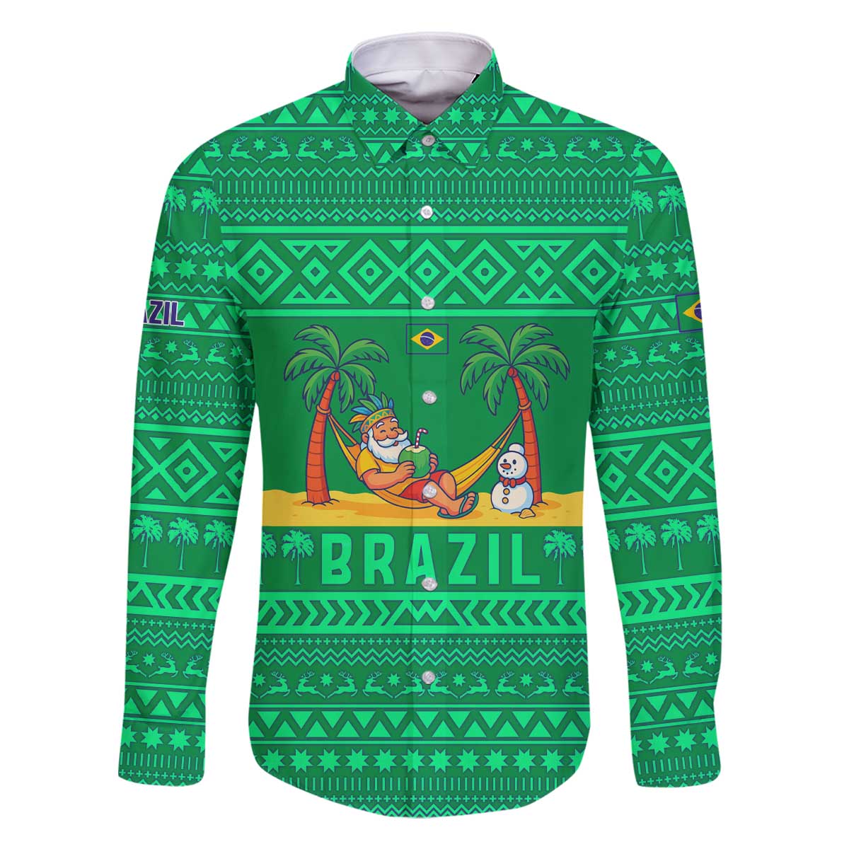 Brazil Christmas Family Matching Off The Shoulder Long Sleeve Dress and Hawaiian Shirt with Santa Relaxing in Hammock Palm Trees Snowman and Tribal Pattern Design - Wonder Print Shop