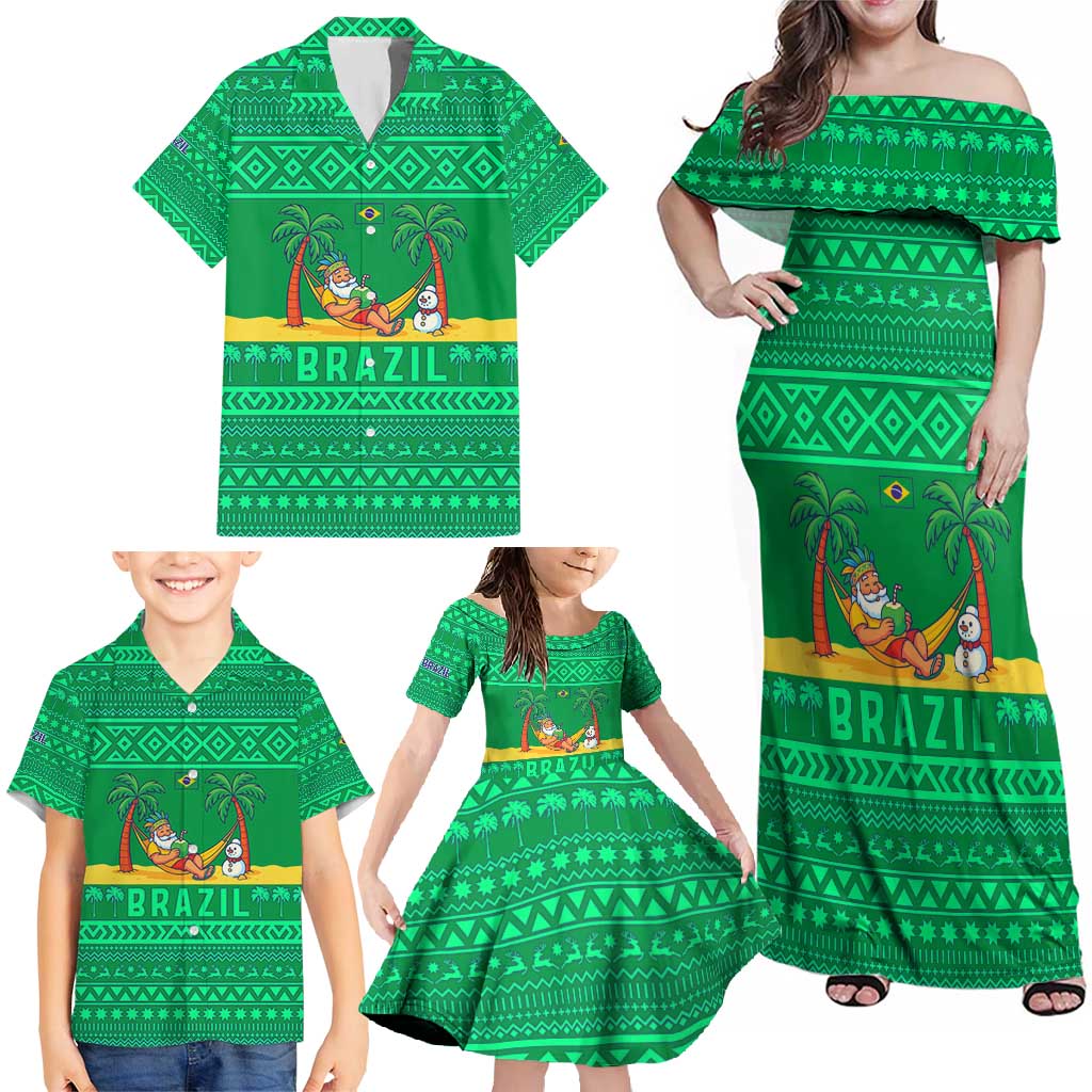 Brazil Christmas Family Matching Off Shoulder Maxi Dress and Hawaiian Shirt with Santa Relaxing in Hammock Palm Trees Snowman and Tribal Pattern Design - Wonder Print Shop