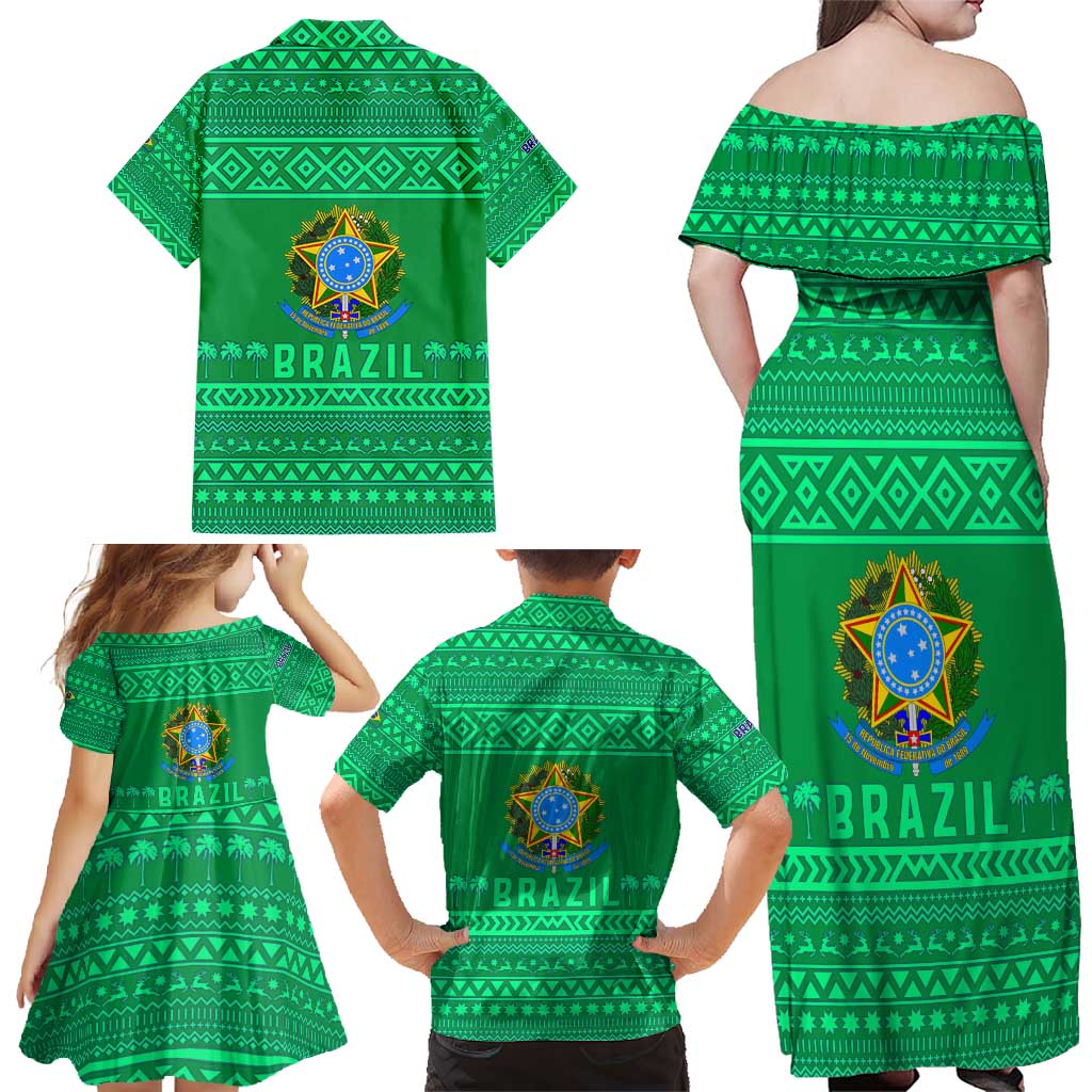 Brazil Christmas Family Matching Off Shoulder Maxi Dress and Hawaiian Shirt with Santa Relaxing in Hammock Palm Trees Snowman and Tribal Pattern Design - Wonder Print Shop