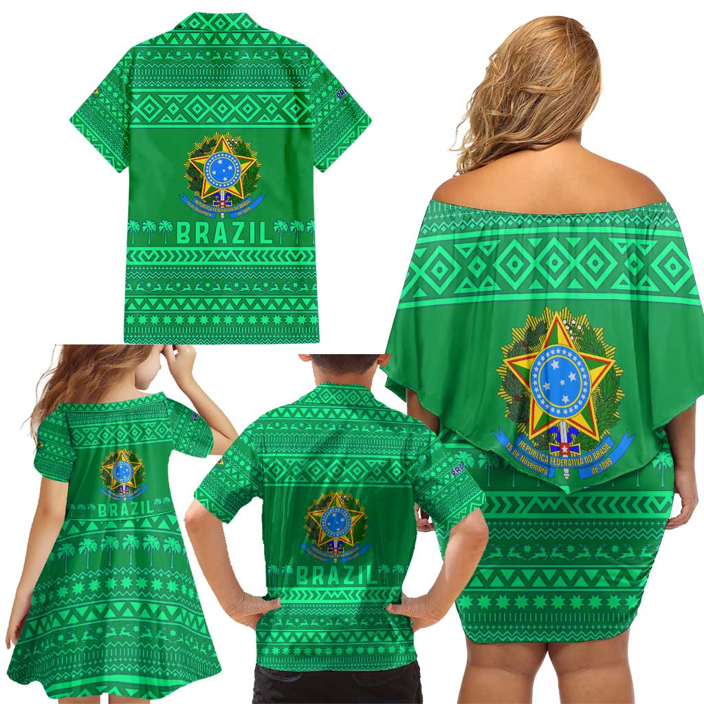 Brazil Christmas Family Matching Off Shoulder Short Dress and Hawaiian Shirt with Santa Relaxing in Hammock Palm Trees Snowman and Tribal Pattern Design - Wonder Print Shop