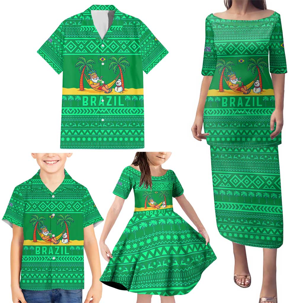 Brazil Christmas Family Matching Puletasi and Hawaiian Shirt with Santa Relaxing in Hammock Palm Trees Snowman and Tribal Pattern Design - Wonder Print Shop