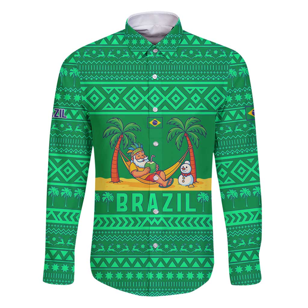 Brazil Christmas Family Matching Puletasi and Hawaiian Shirt with Santa Relaxing in Hammock Palm Trees Snowman and Tribal Pattern Design - Wonder Print Shop