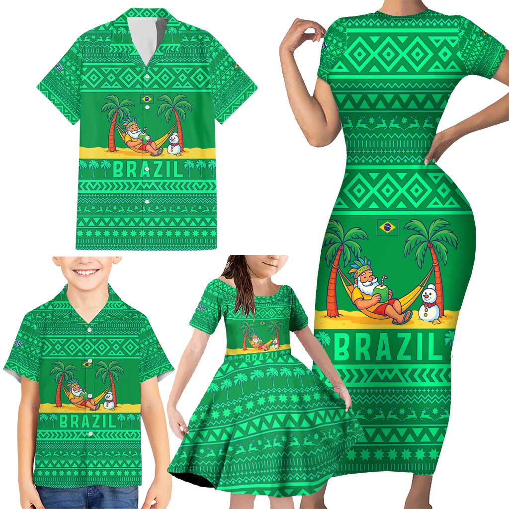 Brazil Christmas Family Matching Short Sleeve Bodycon Dress and Hawaiian Shirt with Santa Relaxing in Hammock Palm Trees Snowman and Tribal Pattern Design - Wonder Print Shop