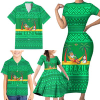 Brazil Christmas Family Matching Short Sleeve Bodycon Dress and Hawaiian Shirt with Santa Relaxing in Hammock Palm Trees Snowman and Tribal Pattern Design - Wonder Print Shop