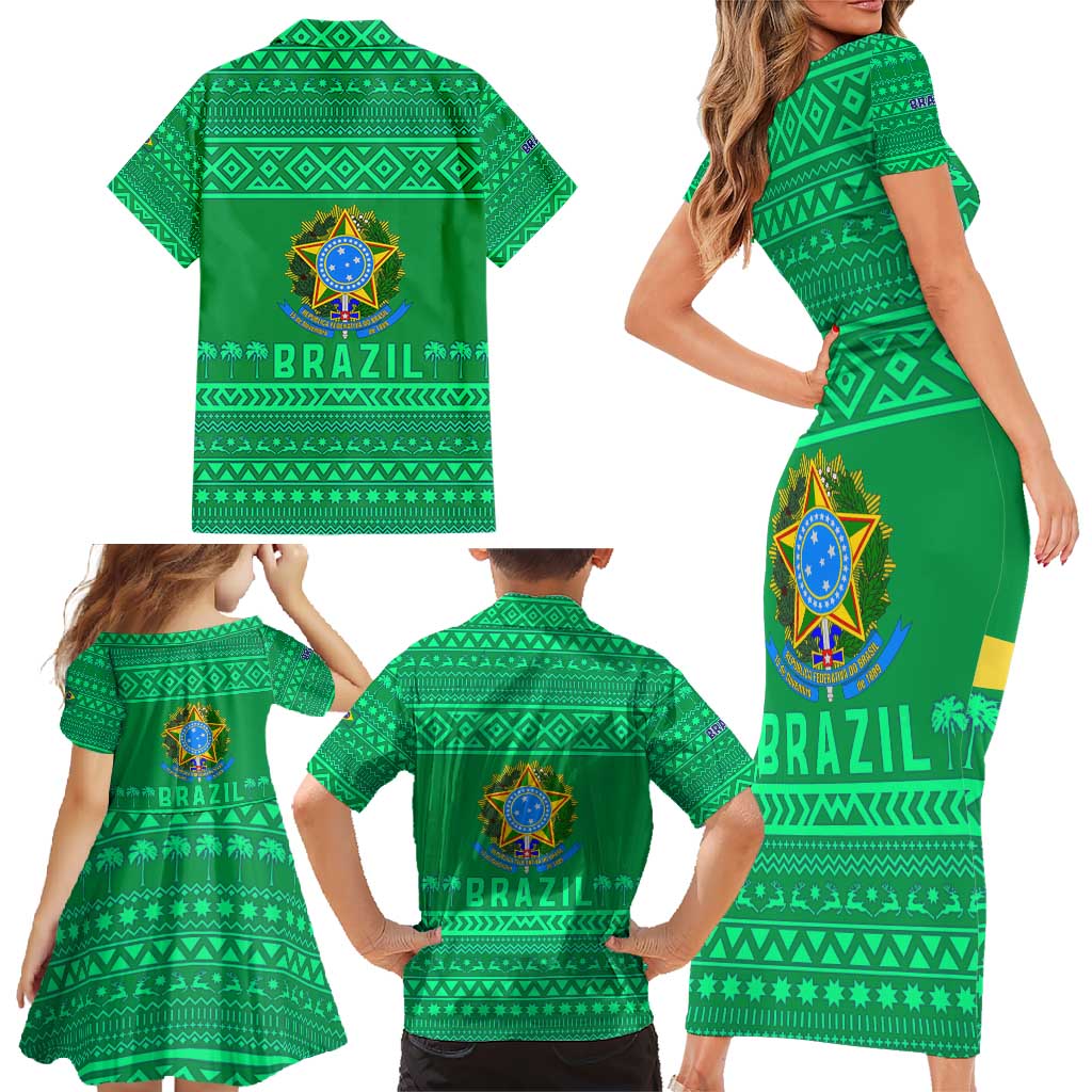 Brazil Christmas Family Matching Short Sleeve Bodycon Dress and Hawaiian Shirt with Santa Relaxing in Hammock Palm Trees Snowman and Tribal Pattern Design - Wonder Print Shop