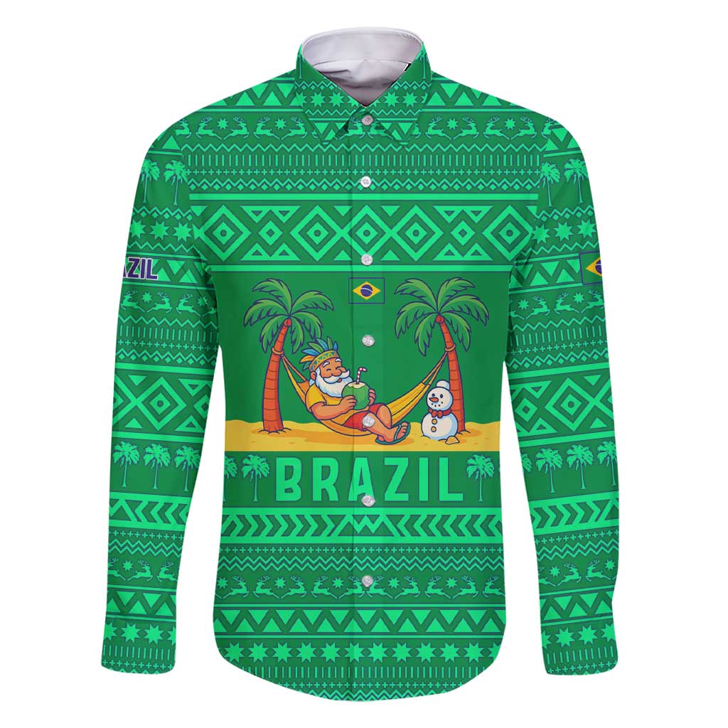 Brazil Christmas Family Matching Short Sleeve Bodycon Dress and Hawaiian Shirt with Santa Relaxing in Hammock Palm Trees Snowman and Tribal Pattern Design - Wonder Print Shop