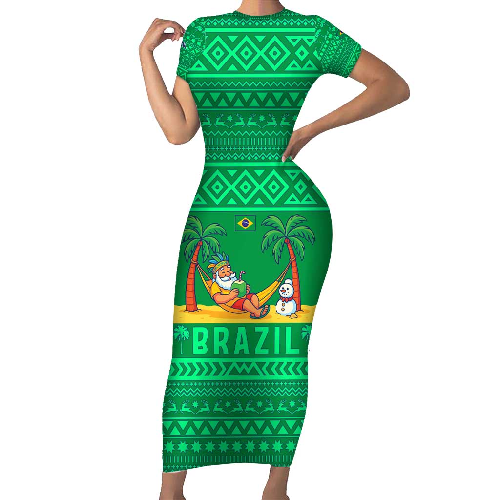 Brazil Christmas Family Matching Short Sleeve Bodycon Dress and Hawaiian Shirt with Santa Relaxing in Hammock Palm Trees Snowman and Tribal Pattern Design - Wonder Print Shop