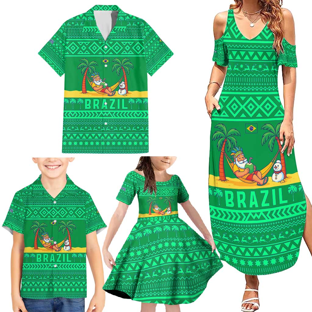 Brazil Christmas Family Matching Summer Maxi Dress and Hawaiian Shirt with Santa Relaxing in Hammock Palm Trees Snowman and Tribal Pattern Design - Wonder Print Shop