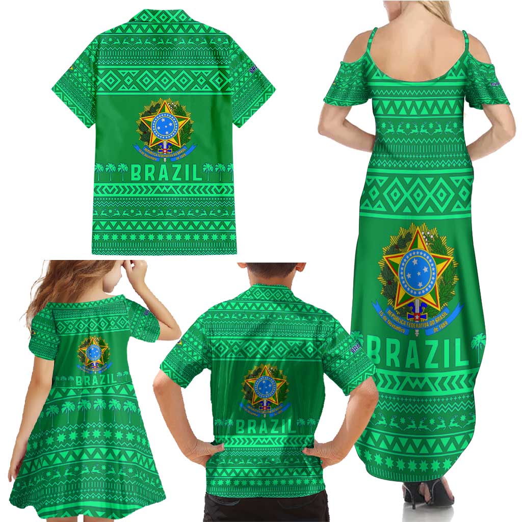 Brazil Christmas Family Matching Summer Maxi Dress and Hawaiian Shirt with Santa Relaxing in Hammock Palm Trees Snowman and Tribal Pattern Design - Wonder Print Shop