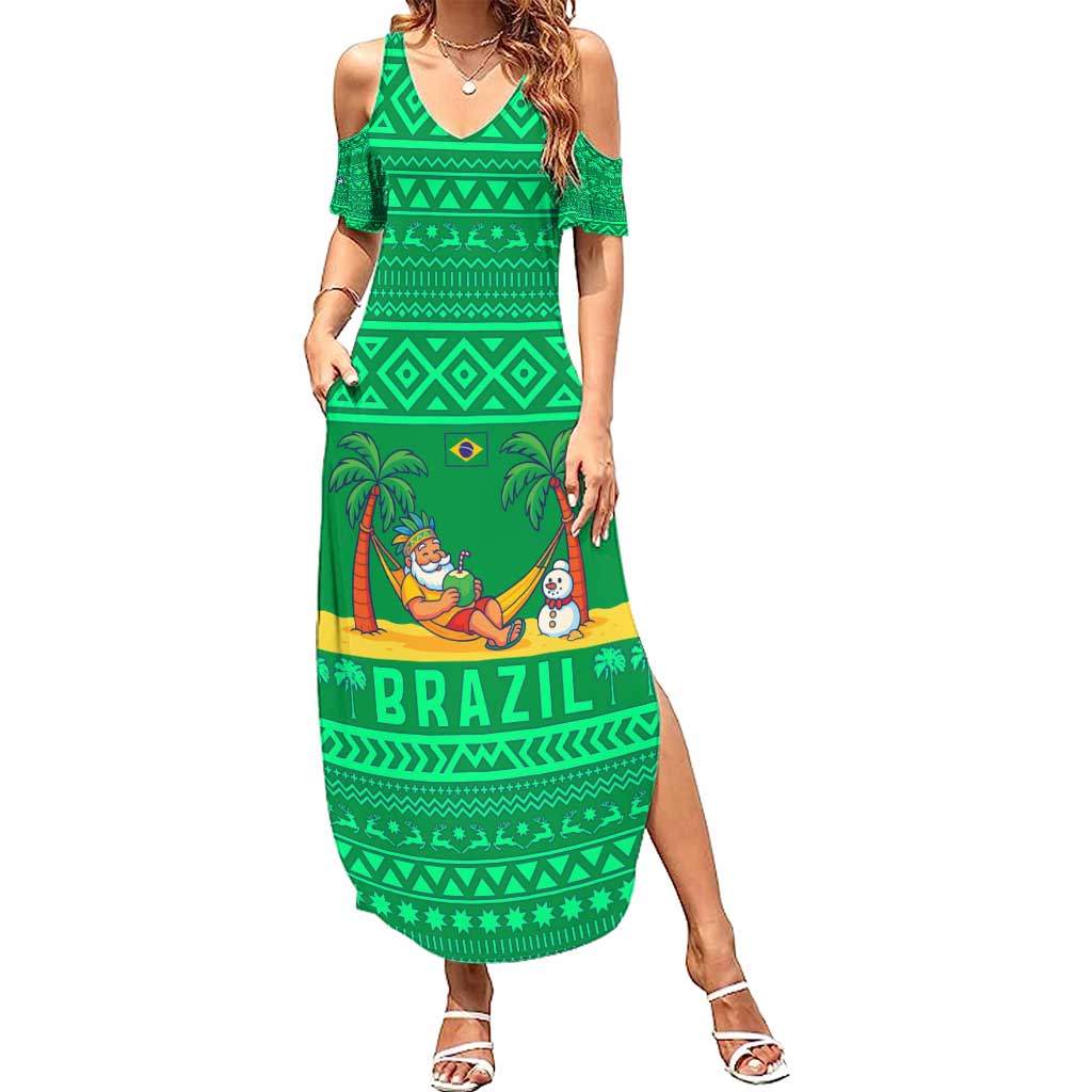 Brazil Christmas Family Matching Summer Maxi Dress and Hawaiian Shirt with Santa Relaxing in Hammock Palm Trees Snowman and Tribal Pattern Design - Wonder Print Shop