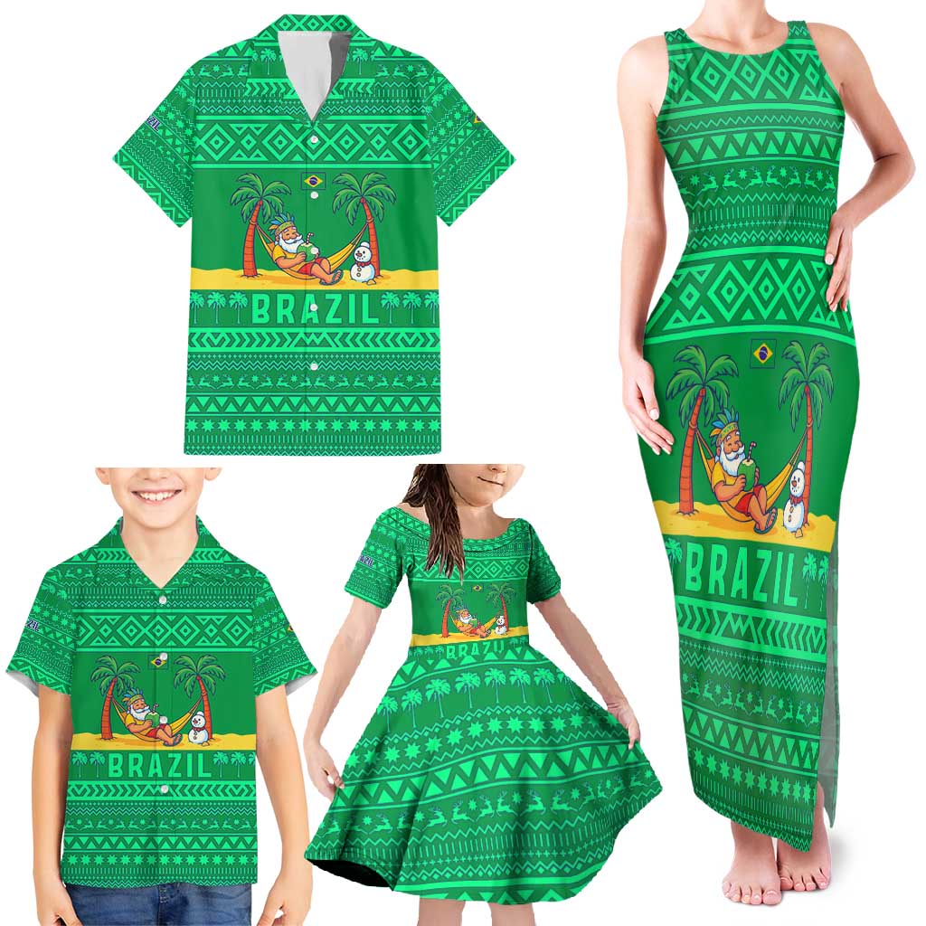 Brazil Christmas Family Matching Tank Maxi Dress and Hawaiian Shirt with Santa Relaxing in Hammock Palm Trees Snowman and Tribal Pattern Design - Wonder Print Shop