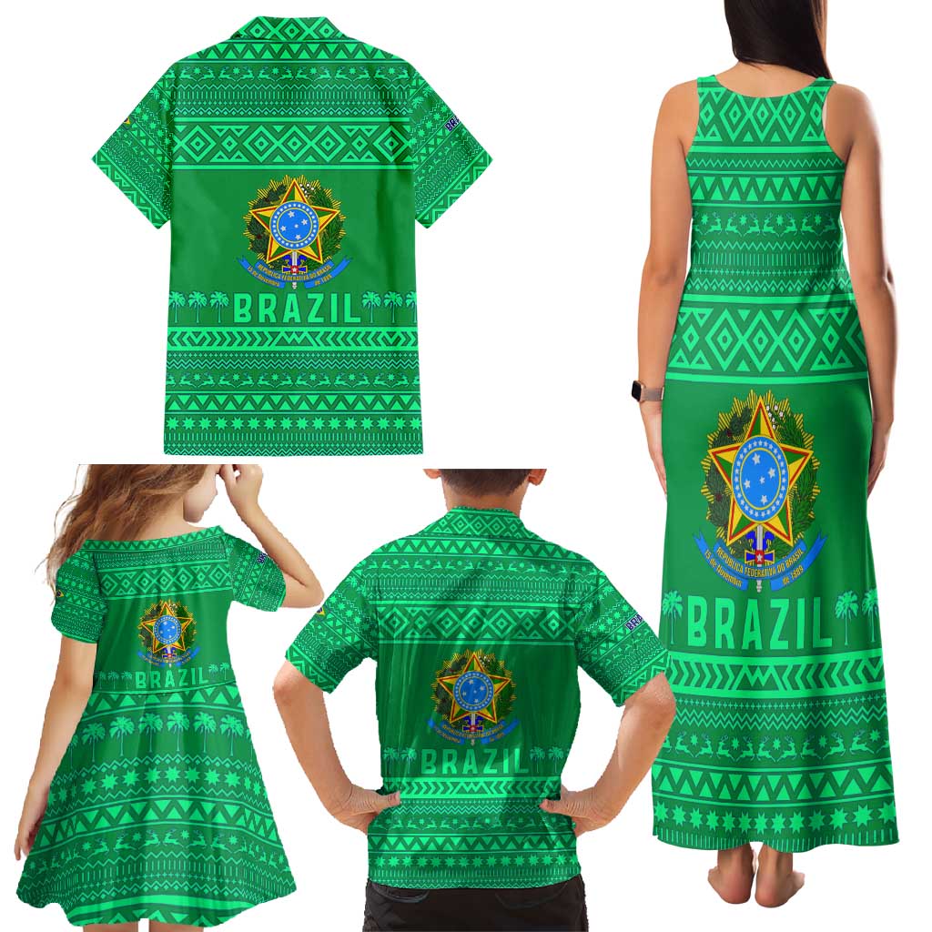 Brazil Christmas Family Matching Tank Maxi Dress and Hawaiian Shirt with Santa Relaxing in Hammock Palm Trees Snowman and Tribal Pattern Design - Wonder Print Shop