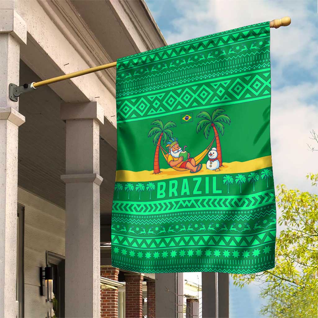 Brazil Christmas Garden Flag with Santa Relaxing in Hammock Palm Trees Snowman and Tribal Pattern Design - Wonder Print Shop