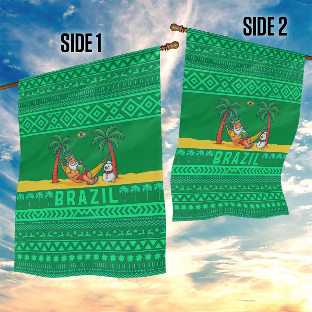 Brazil Christmas Garden Flag with Santa Relaxing in Hammock Palm Trees Snowman and Tribal Pattern Design - Wonder Print Shop
