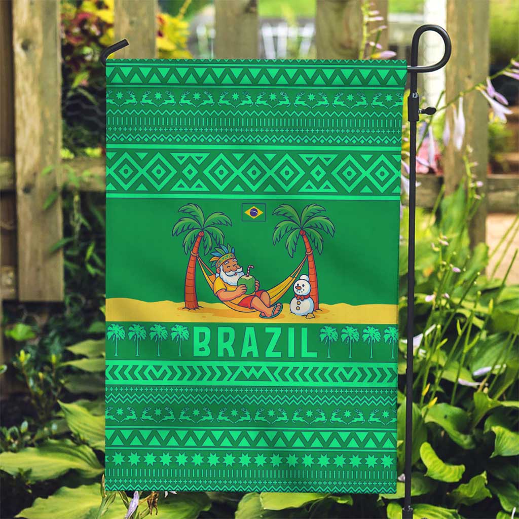Brazil Christmas Garden Flag with Santa Relaxing in Hammock Palm Trees Snowman and Tribal Pattern Design - Wonder Print Shop