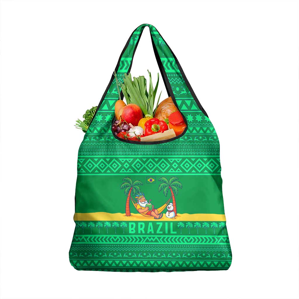 Brazil Christmas Grocery Bag with Santa Relaxing in Hammock Palm Trees Snowman and Tribal Pattern Design - Wonder Print Shop