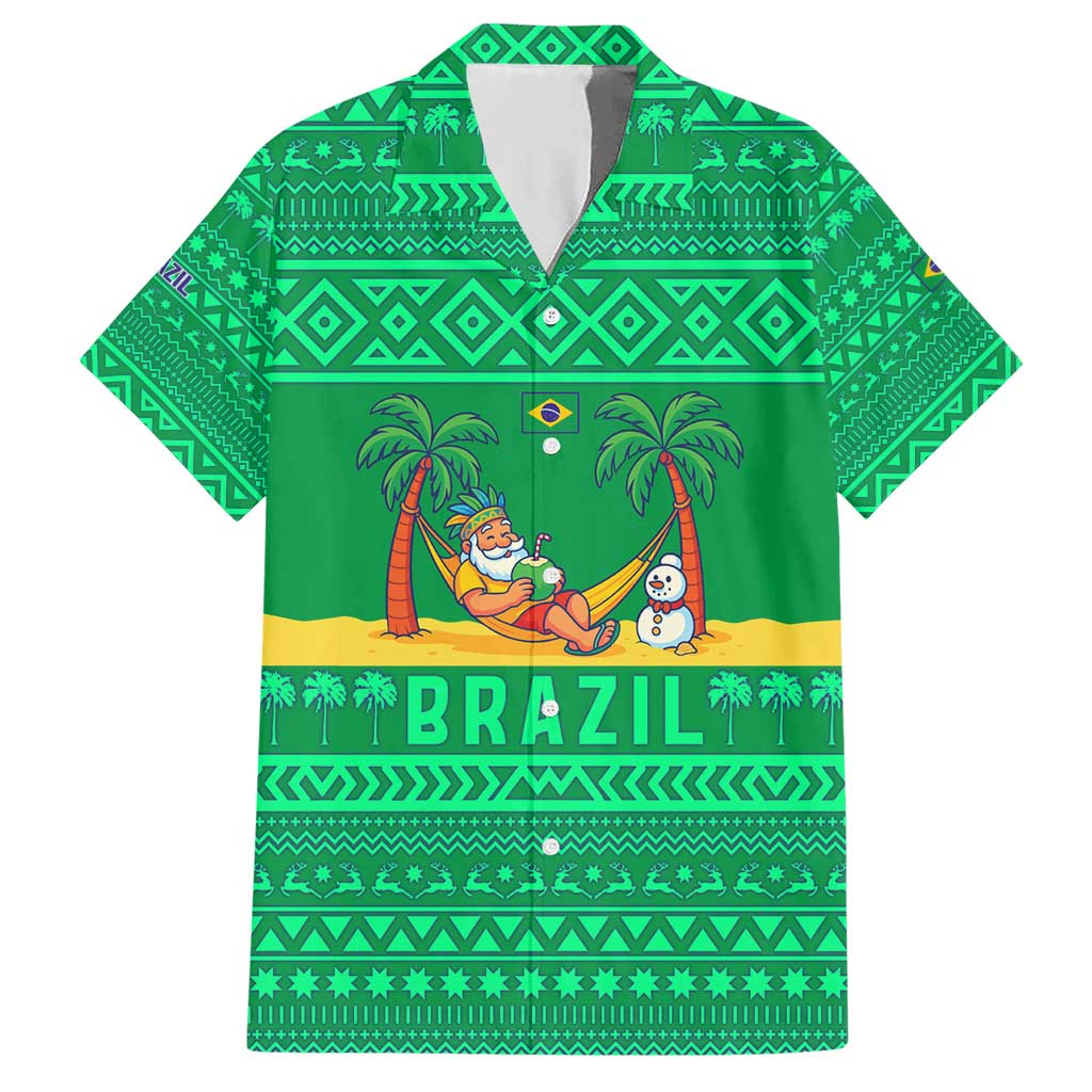 Brazil Christmas Hawaiian Shirt with Santa Relaxing in Hammock Palm Trees Snowman and Tribal Pattern Design - Wonder Print Shop