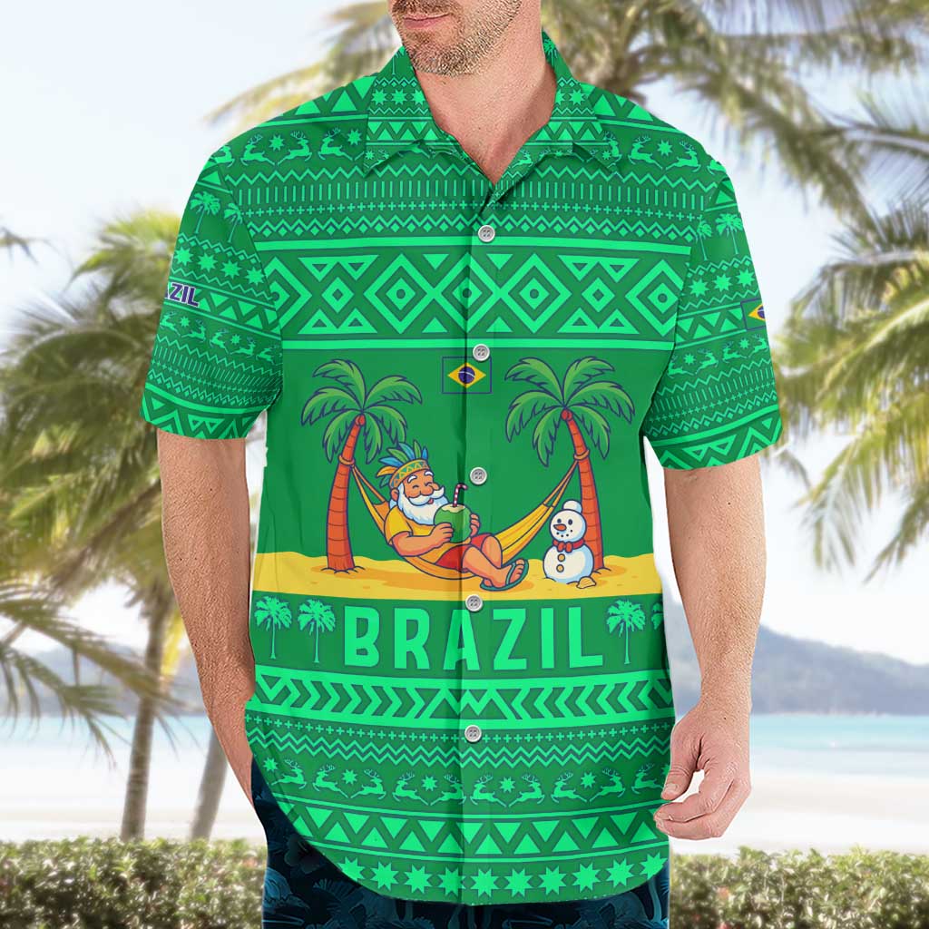 Brazil Christmas Hawaiian Shirt with Santa Relaxing in Hammock Palm Trees Snowman and Tribal Pattern Design - Wonder Print Shop