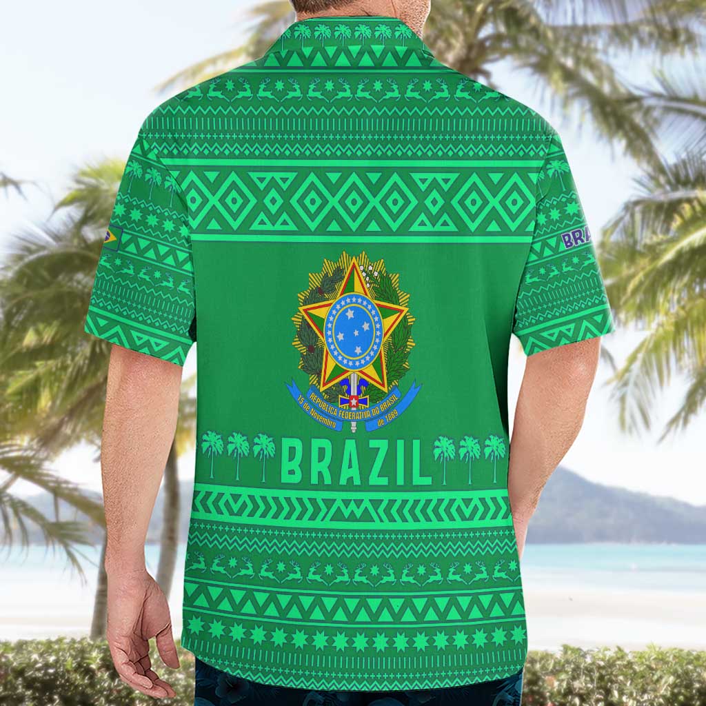 Brazil Christmas Hawaiian Shirt with Santa Relaxing in Hammock Palm Trees Snowman and Tribal Pattern Design - Wonder Print Shop