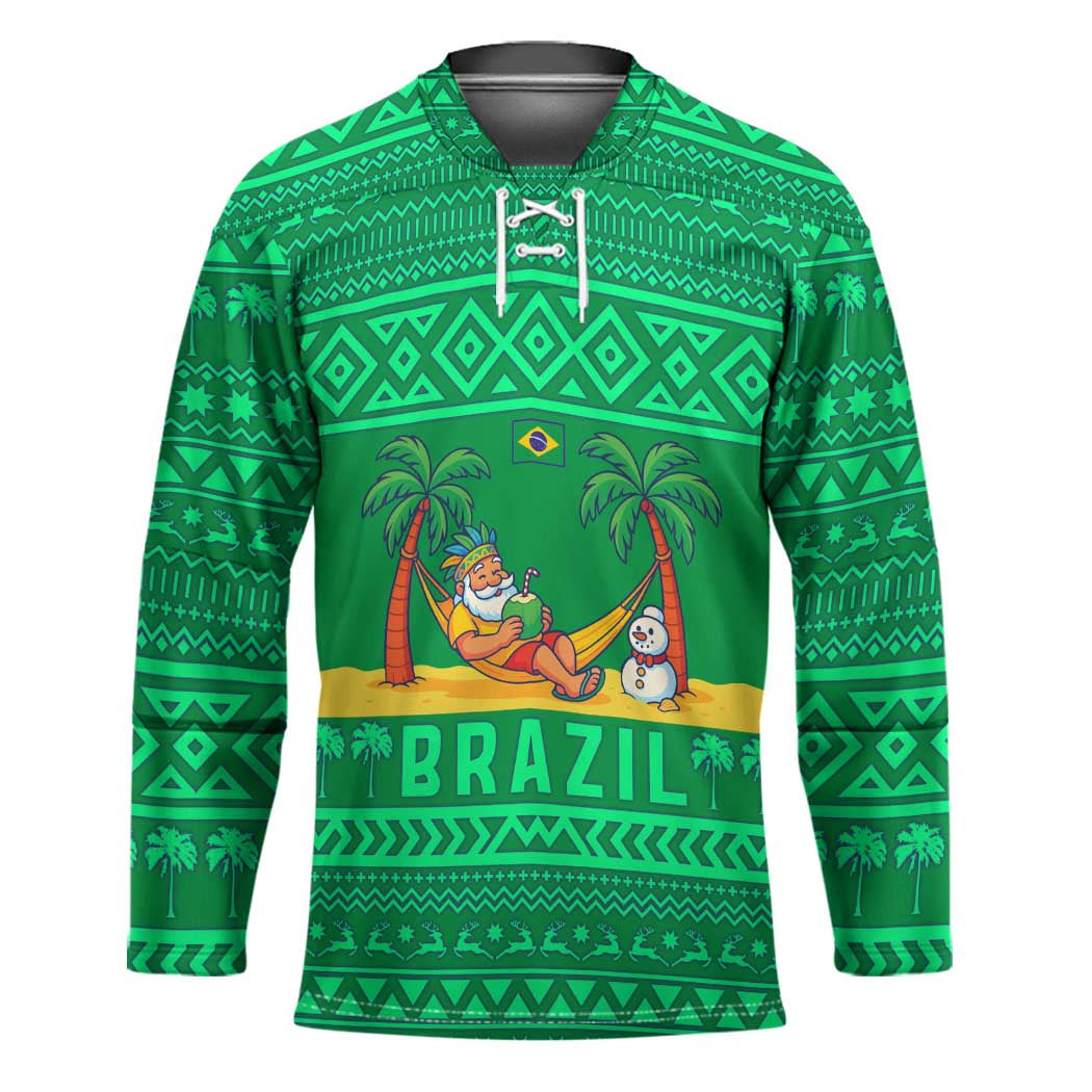 Brazil Christmas Hockey Jersey with Santa Relaxing in Hammock Palm Trees Snowman and Tribal Pattern Design - Wonder Print Shop