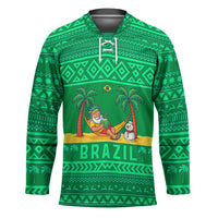 Brazil Christmas Hockey Jersey with Santa Relaxing in Hammock Palm Trees Snowman and Tribal Pattern Design - Wonder Print Shop