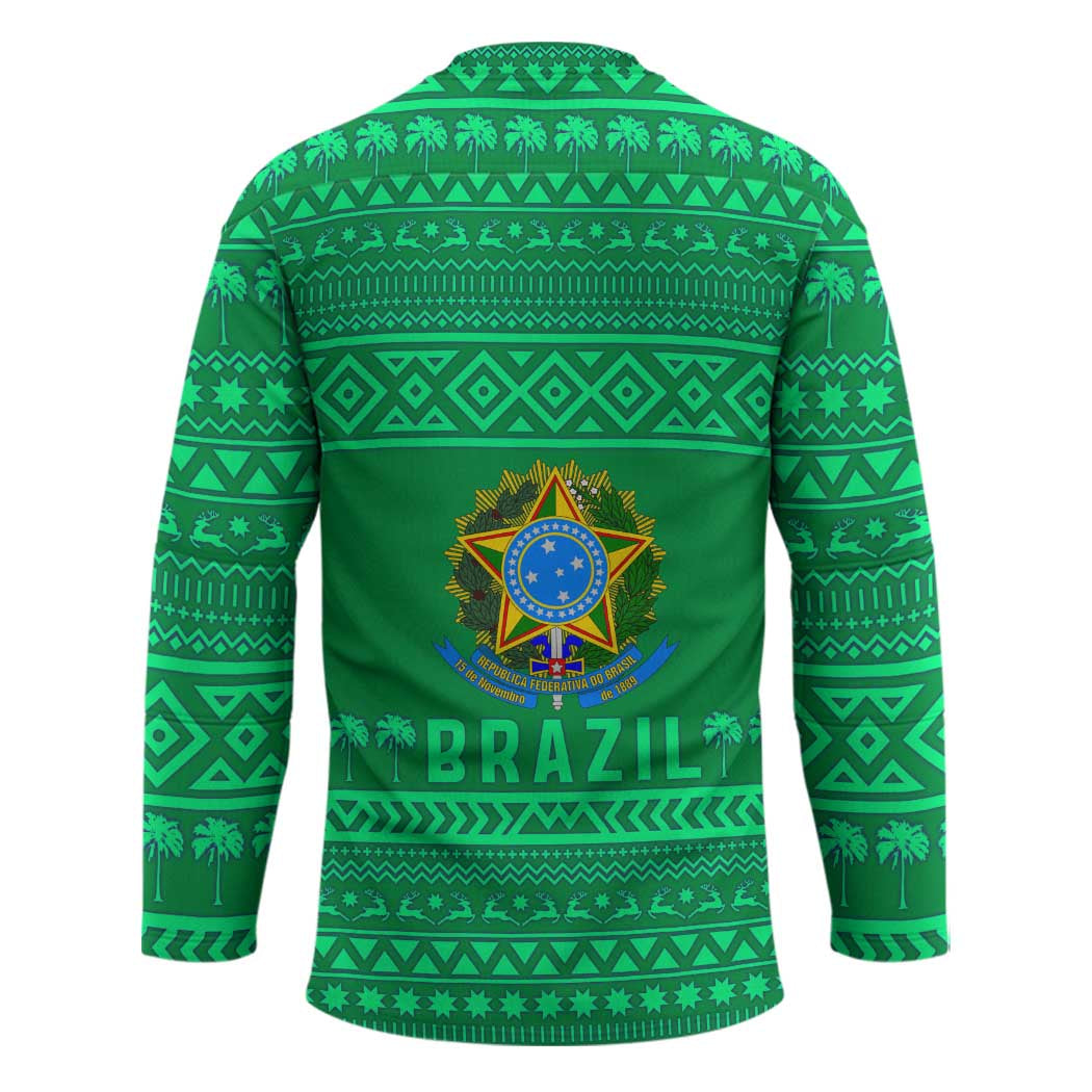 Brazil Christmas Hockey Jersey with Santa Relaxing in Hammock Palm Trees Snowman and Tribal Pattern Design - Wonder Print Shop