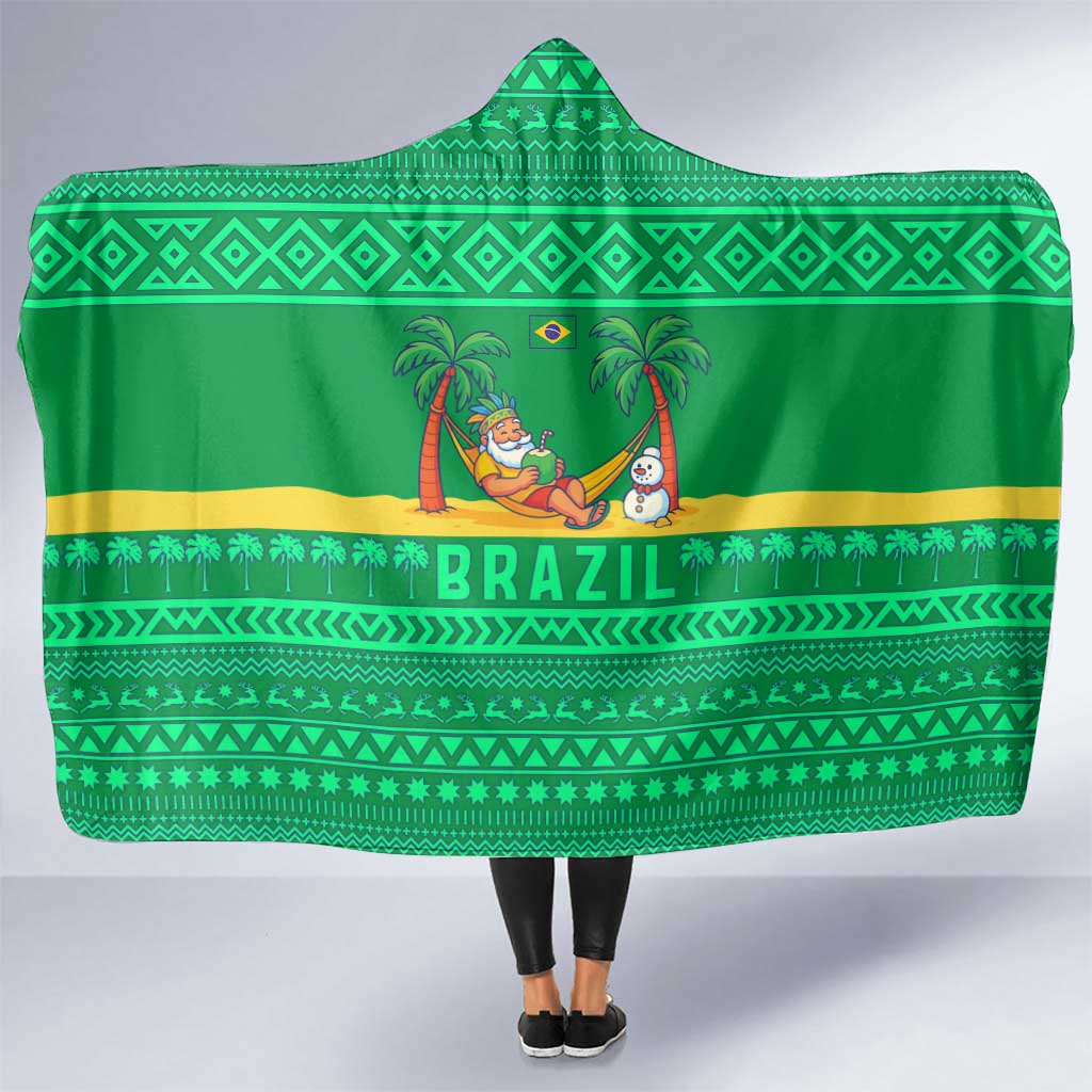 Brazil Christmas Hooded Blanket with Santa Relaxing in Hammock Palm Trees Snowman and Tribal Pattern Design - Wonder Print Shop