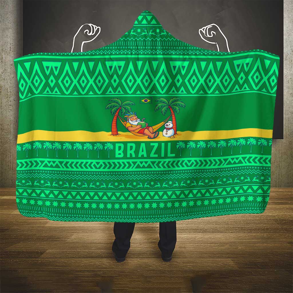 Brazil Christmas Hooded Blanket with Santa Relaxing in Hammock Palm Trees Snowman and Tribal Pattern Design - Wonder Print Shop